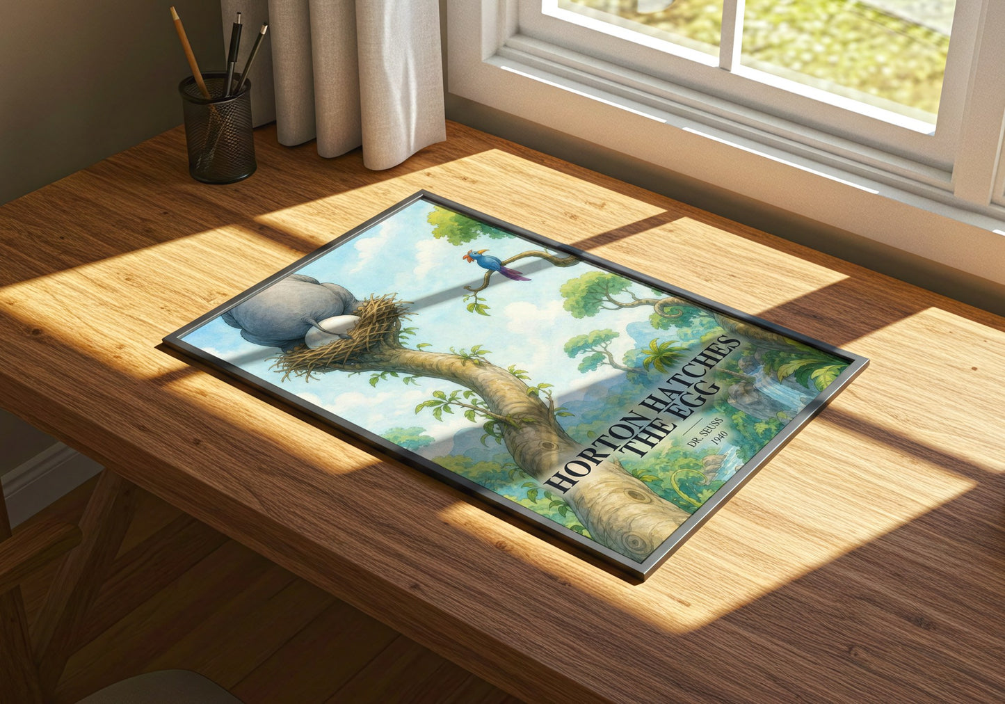 Horton Hatches The Egg watercolour book poster framed on wall – childrens wall art