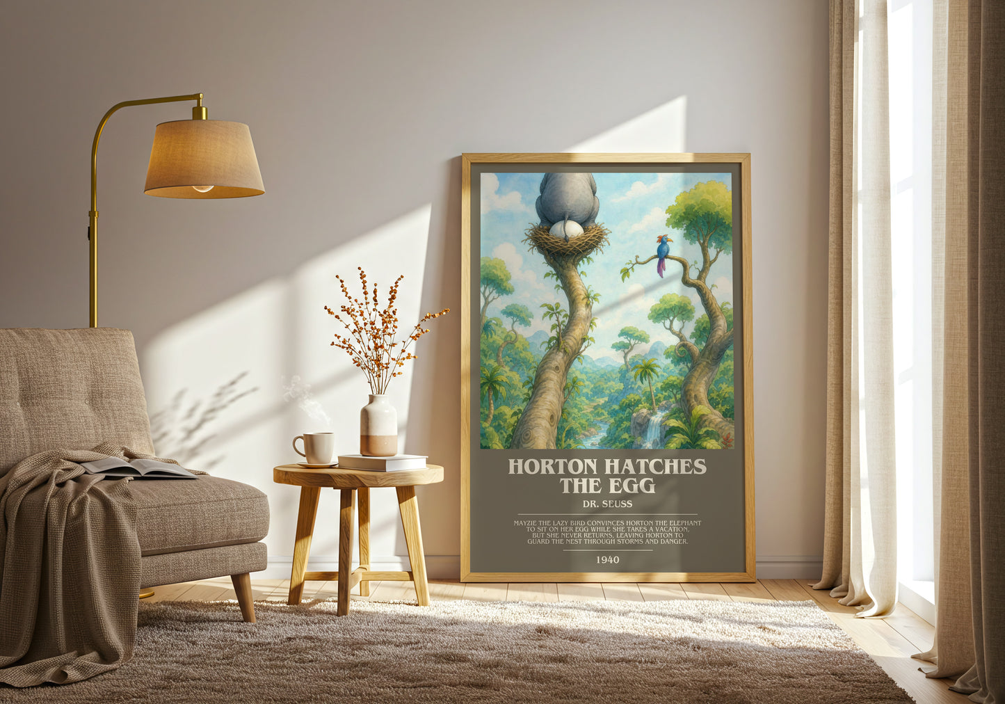 Horton Hatches The Egg bookish print on bookshelf – Dr. Seuss fan gift