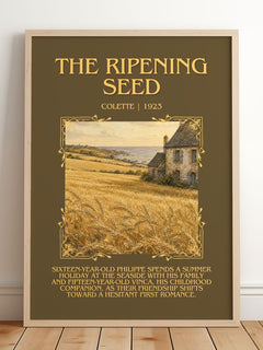 The Ripening Seed Minimalist Book Poster by Colette – framed print leaning on a wooden floor