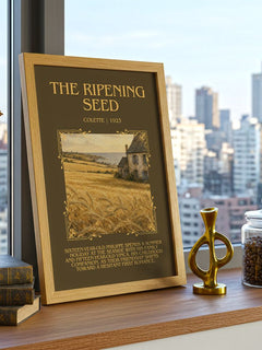 The Ripening Seed Minimalist Book Poster by Colette – framed print on a city-view windowsill