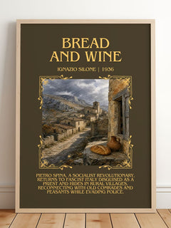 Bread And Wine Minimalist Book Poster by Ignazio Silone – framed print leaning on a wooden floor
