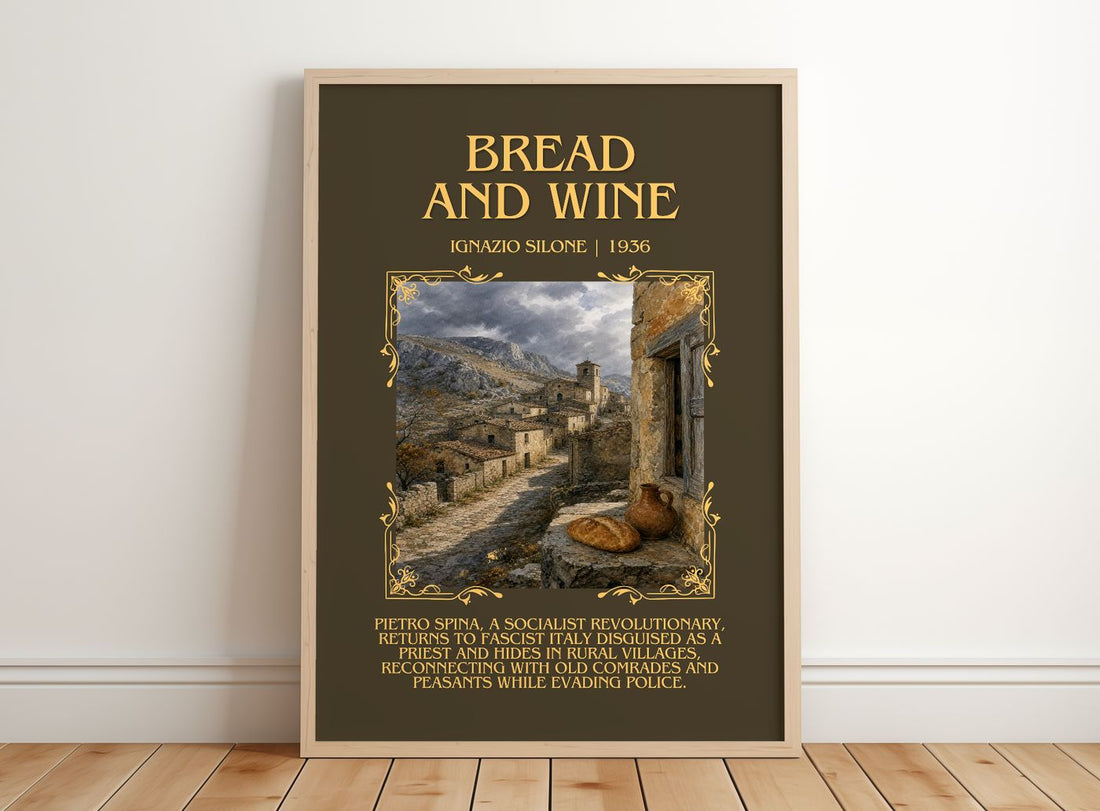 Bread And Wine Minimalist Book Poster by Ignazio Silone – framed print leaning on a wooden floor
