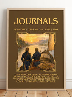 Journals Minimalist Book Poster by Meriwether Lewis, William Clark – framed print leaning on a wooden floor