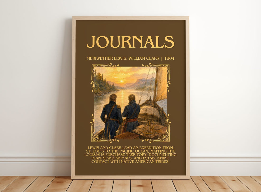 Journals Minimalist Book Poster by Meriwether Lewis, William Clark – framed print leaning on a wooden floor