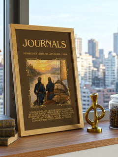 Journals Minimalist Book Poster by Meriwether Lewis, William Clark – framed print on a city-view windowsill