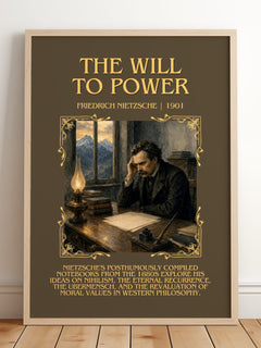 The Will To Power Minimalist Book Poster by Friedrich Nietzsche – framed print leaning on a wooden floor