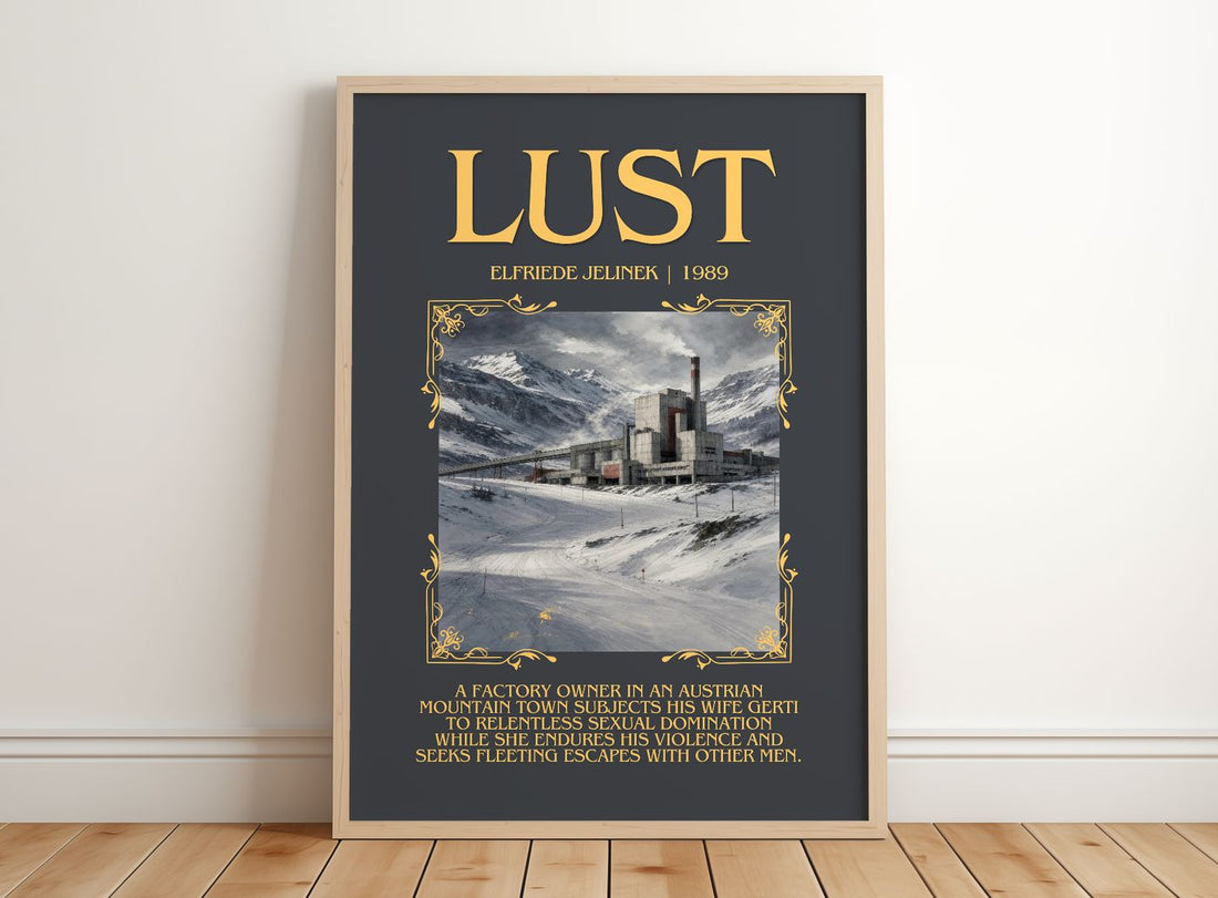 Lust Minimalist Book Poster by Elfriede Jelinek – framed print leaning on a wooden floor