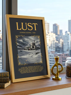 Lust Minimalist Book Poster by Elfriede Jelinek – framed print on a city-view windowsill
