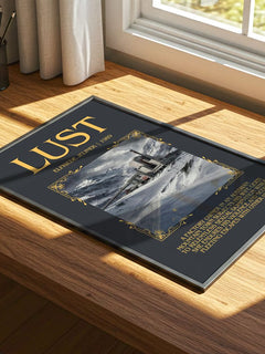 Lust Minimalist Book Poster by Elfriede Jelinek – print on a sunlit desk