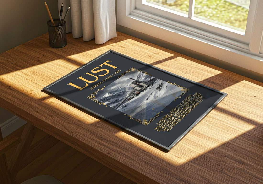 Lust Minimalist Book Poster by Elfriede Jelinek – print on a sunlit desk