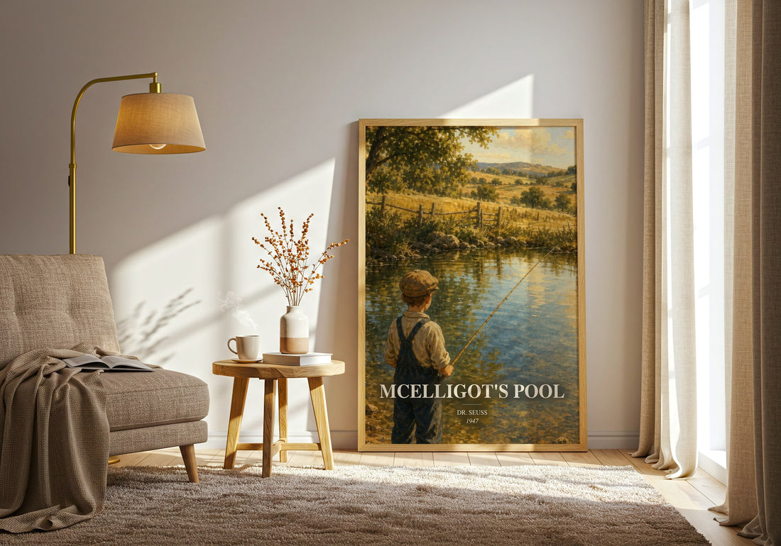 Mcelligot'S Pool watercolour print in frame leaning in hallway – childrens wall art (mockup)