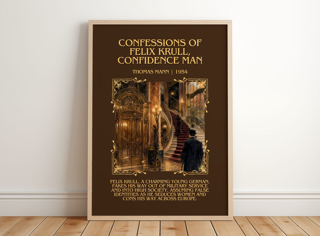 Confessions Of Felix Krull, Confidence Man Minimalist Book Poster by Thomas Mann – framed print leaning on a wooden floor