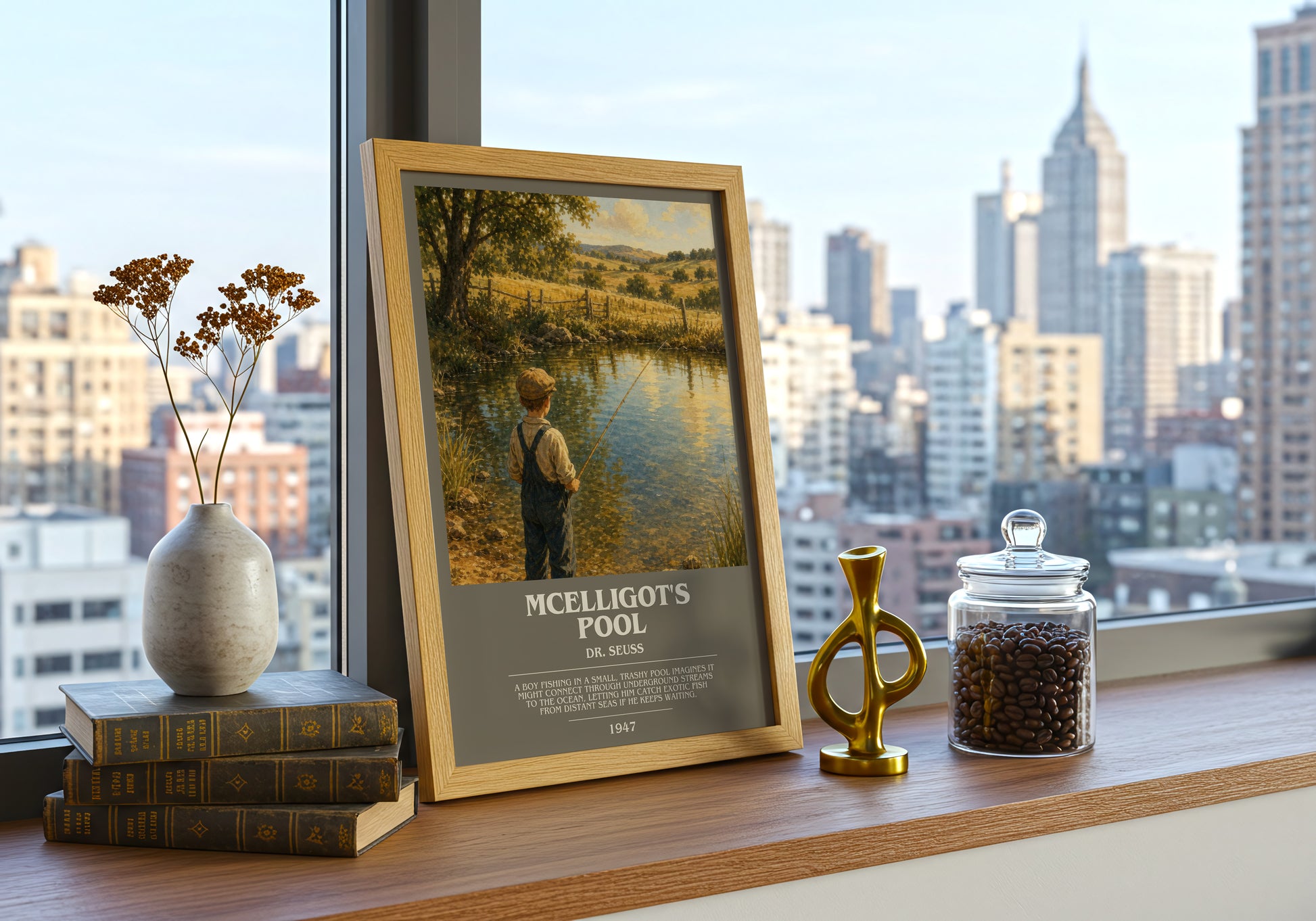 Mcelligot'S Pool bookish print framed by window – literary home decor