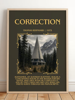 Correction Minimalist Book Poster by Thomas Bernhard – framed print leaning on a wooden floor