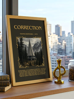 Correction Minimalist Book Poster by Thomas Bernhard – framed print on a city-view windowsill