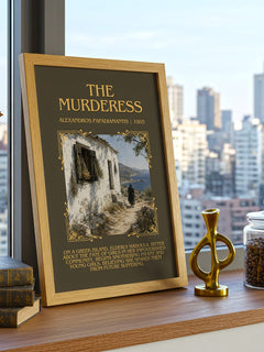 The Murderess Minimalist Book Poster by Alexandros Papadiamantis – framed print on a city-view windowsill