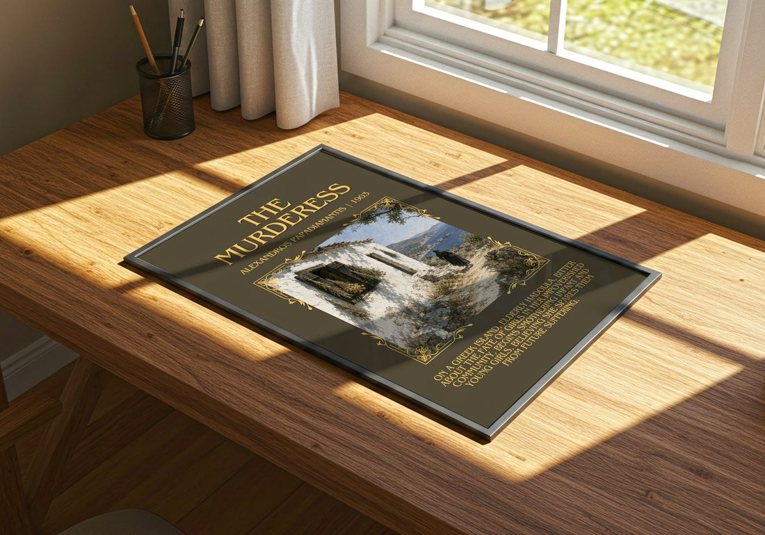 The Murderess Minimalist Book Poster by Alexandros Papadiamantis – print on a sunlit desk