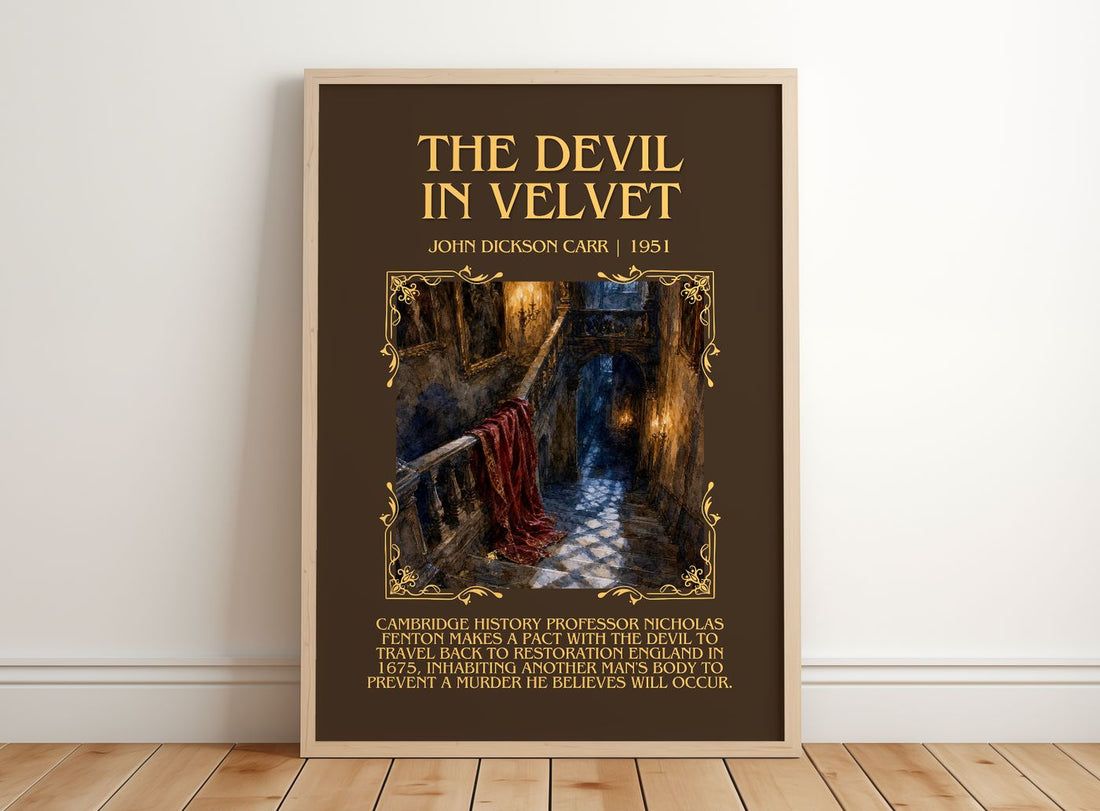 The Devil In Velvet Minimalist Book Poster by John Dickson Carr – framed print leaning on a wooden floor