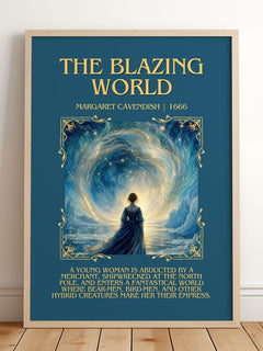The Blazing World Minimalist Book Poster by Margaret Cavendish – framed print leaning on a wooden floor