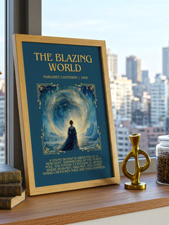 The Blazing World Minimalist Book Poster by Margaret Cavendish – framed print on a city-view windowsill