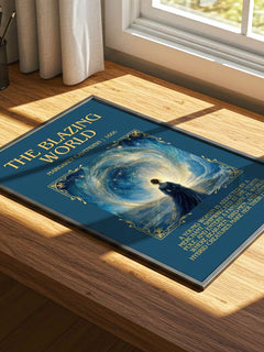 The Blazing World Minimalist Book Poster by Margaret Cavendish – print on a sunlit desk
