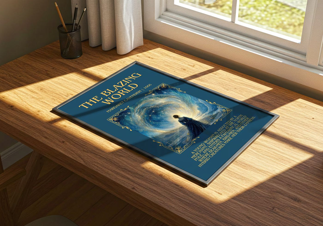 The Blazing World Minimalist Book Poster by Margaret Cavendish – print on a sunlit desk