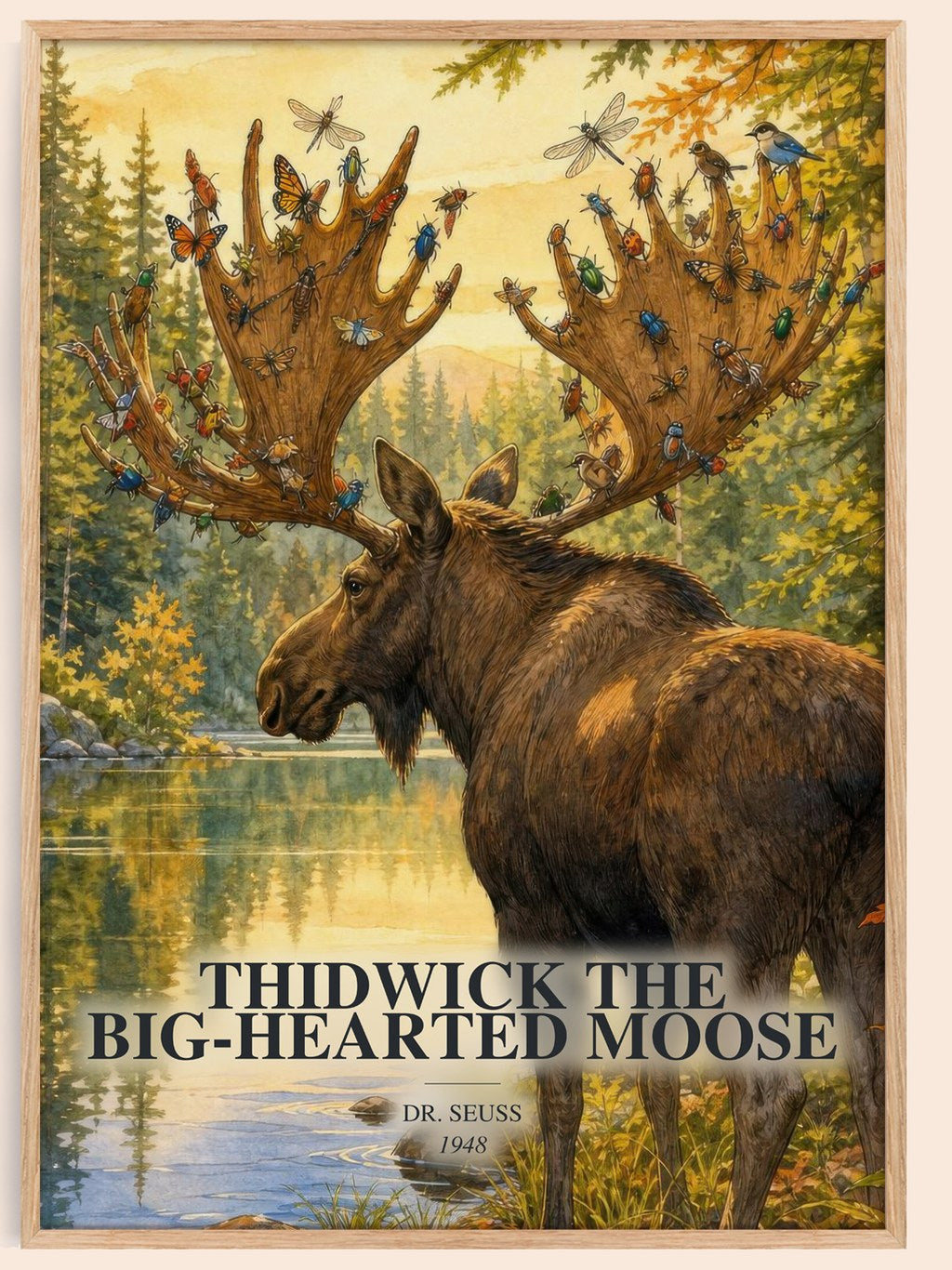 Thidwick The Big-Hearted Moose watercolour book poster by Dr. Seuss – framed literary art print
