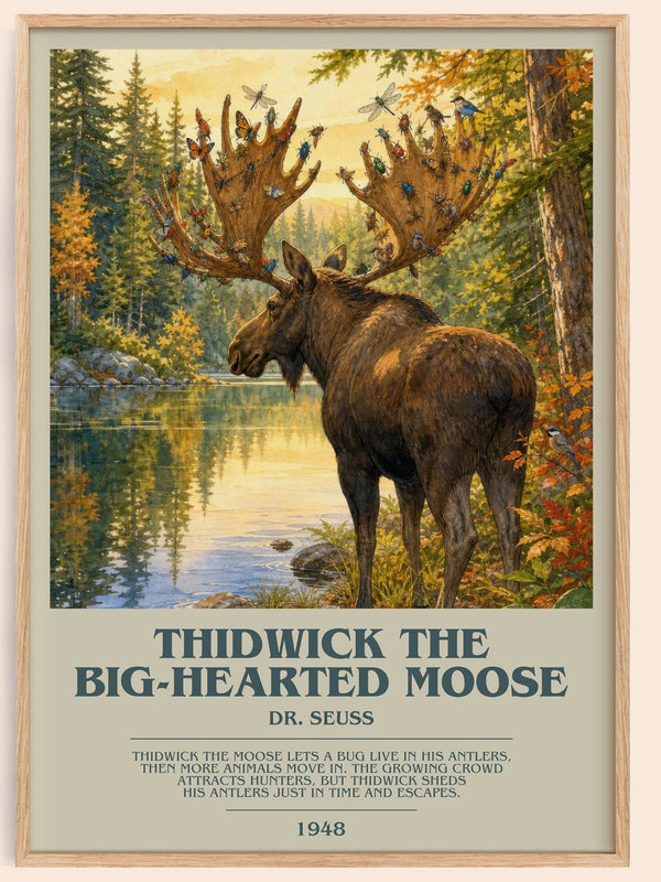 Thidwick The Big-Hearted Moose bookish book poster by Dr. Seuss – framed literary art print