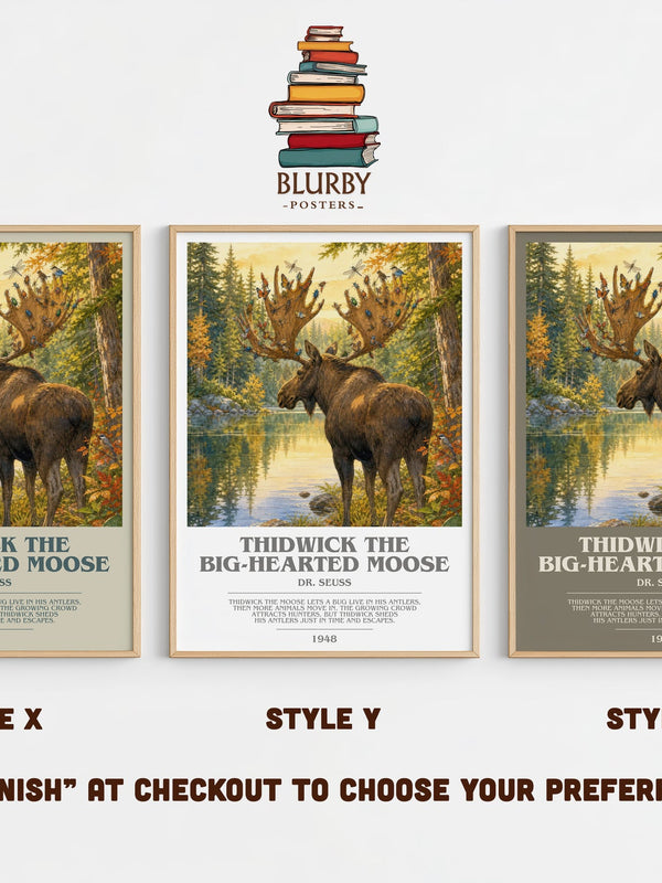 Thidwick The Big-Hearted Moose bookish print in frame leaning in hallway – childrens wall art