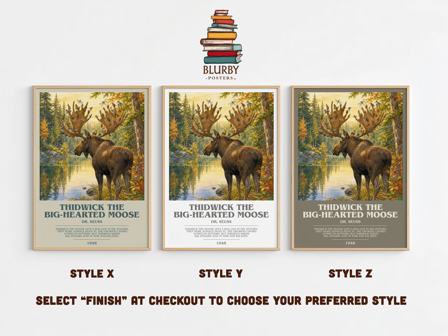 Thidwick The Big-Hearted Moose bookish print in frame leaning in hallway – childrens wall art