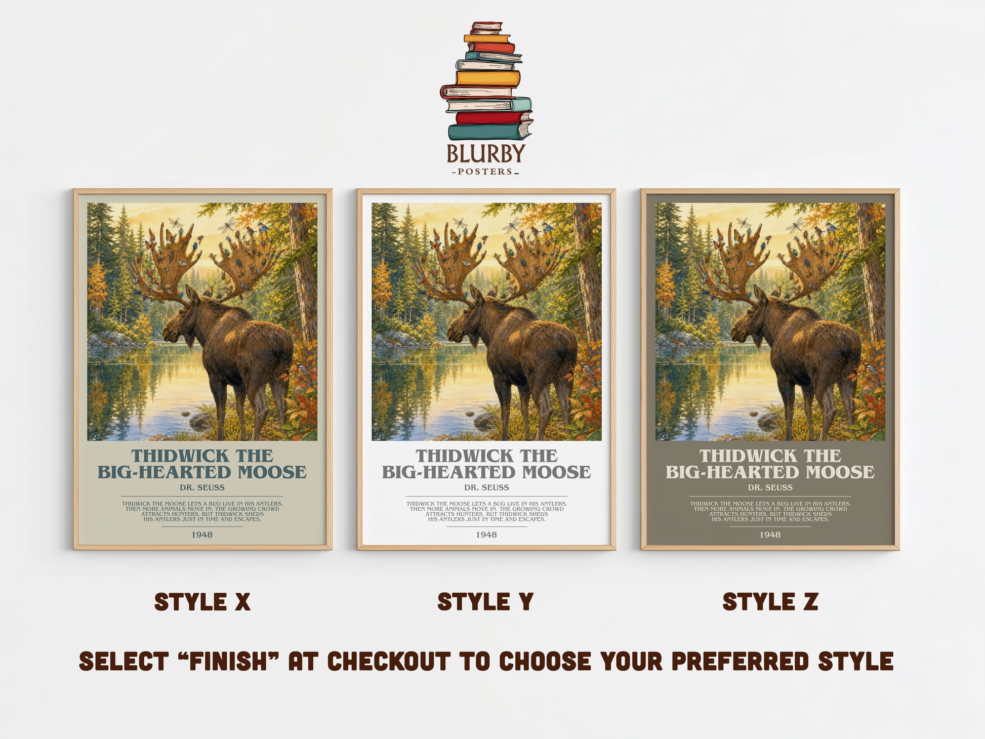 Thidwick The Big-Hearted Moose bookish print in frame leaning in hallway – childrens wall art