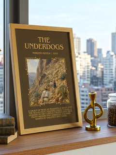 The Underdogs Minimalist Book Poster by Mariano Azuela – framed print on a city-view windowsill