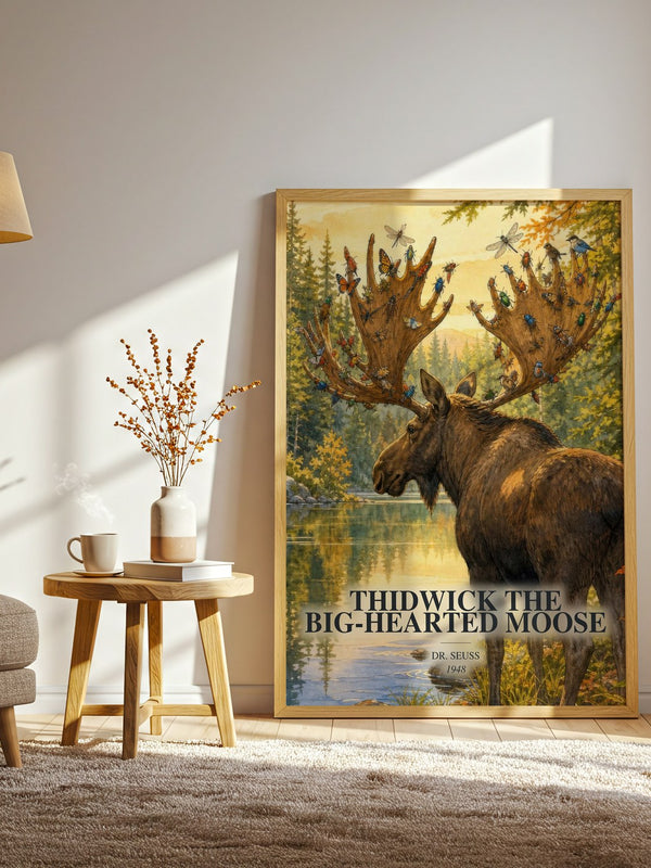 Thidwick The Big-Hearted Moose watercolour print in frame leaning in hallway – childrens wall art