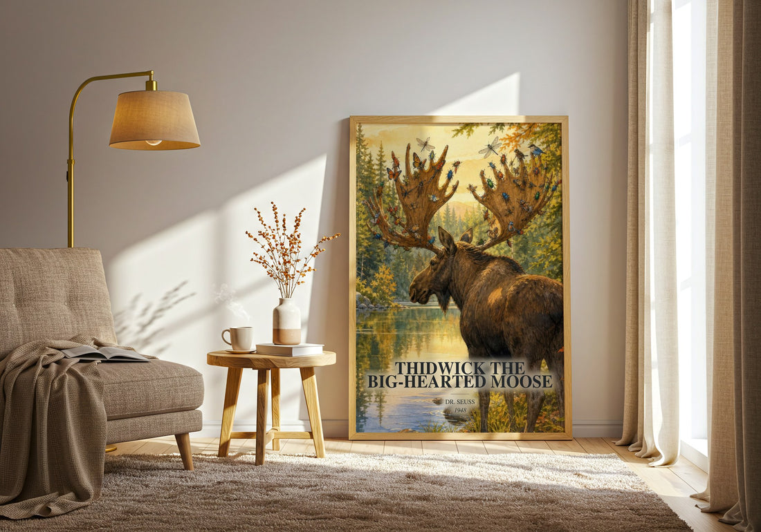 Thidwick The Big-Hearted Moose watercolour print in frame leaning in hallway – childrens wall art (mockup)