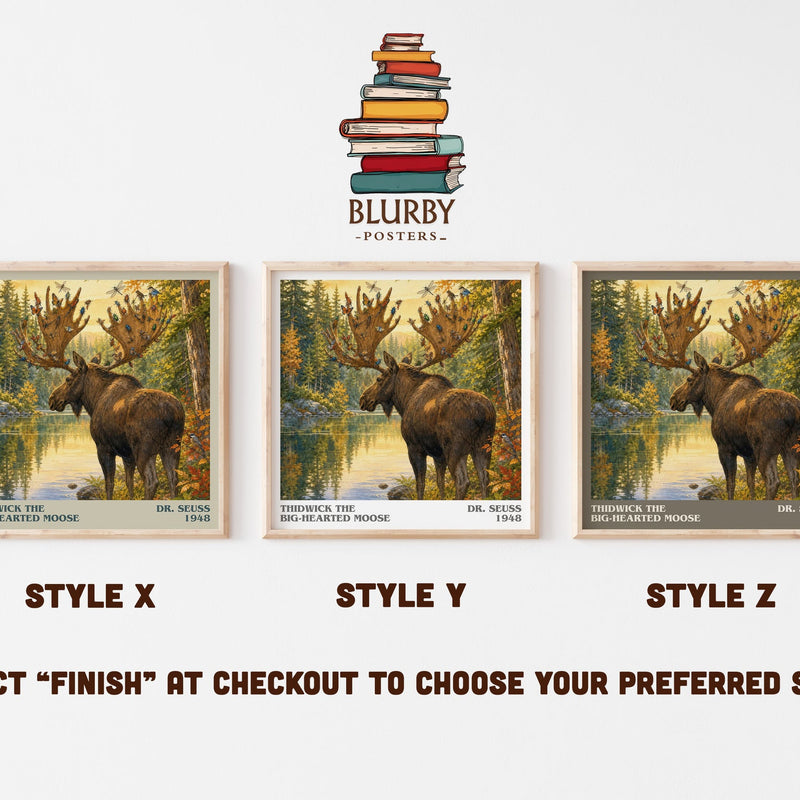 Thidwick The Big-Hearted Moose literary print in frame leaning in hallway – childrens wall art