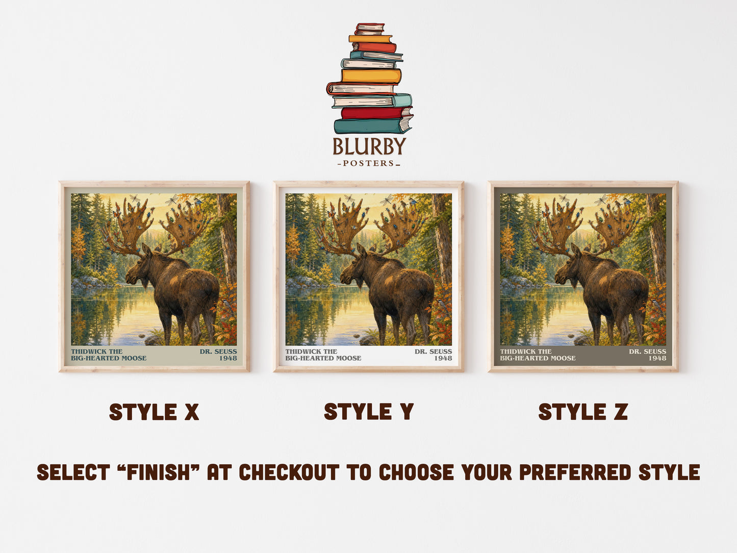 Thidwick The Big-Hearted Moose literary print in frame leaning in hallway – childrens wall art