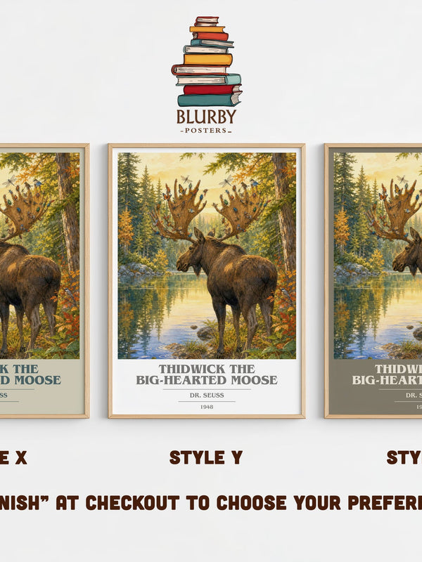 Thidwick The Big-Hearted Moose book cover print in frame leaning in hallway – childrens wall art