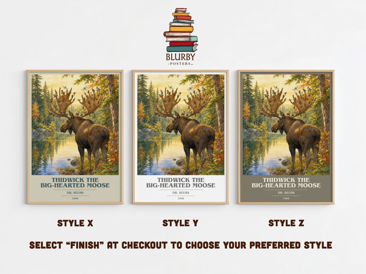 Thidwick The Big-Hearted Moose book cover print in frame leaning in hallway – childrens wall art