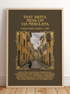 That Awful Mess On Via Merulana Minimalist Book Poster by C. Gadda – framed print leaning on a wooden floor