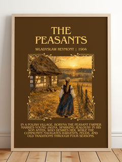 The Peasants Minimalist Book Poster by Władysław Reymont – framed print leaning on a wooden floor