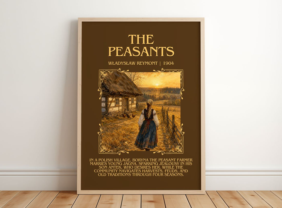 The Peasants Minimalist Book Poster by Władysław Reymont – framed print leaning on a wooden floor