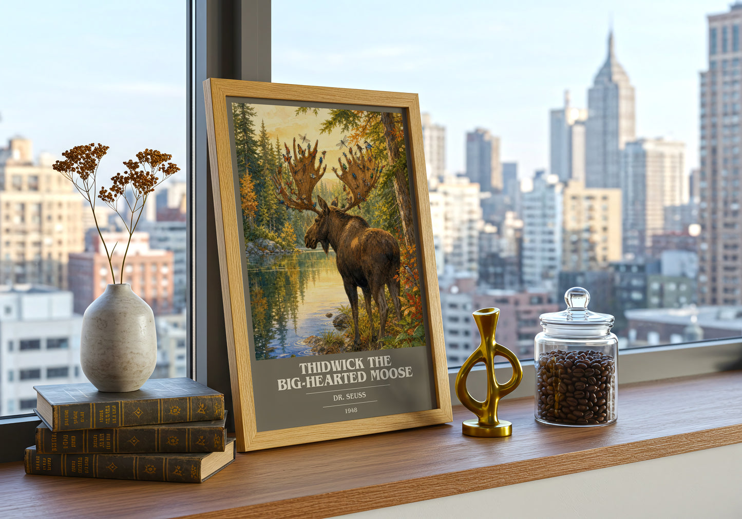 Thidwick The Big-Hearted Moose book cover print framed by window – literary home decor