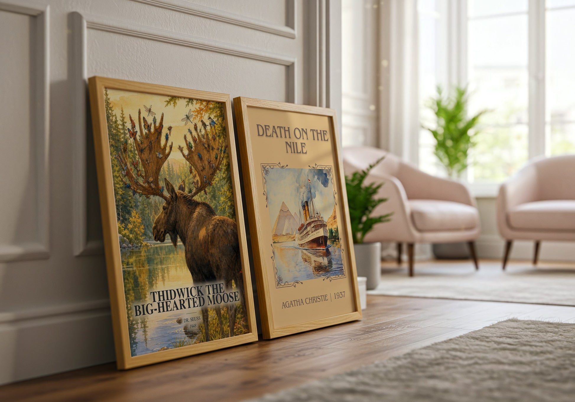 Thidwick The Big-Hearted Moose watercolour print framed by window – literary home decor