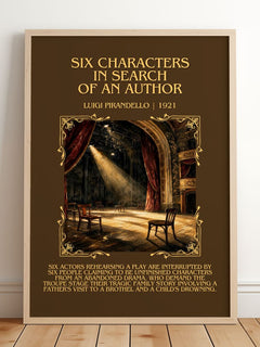Six Characters in Search of an Author Minimalist Book Poster by Luigi Pirandello – framed print leaning on a wooden floor