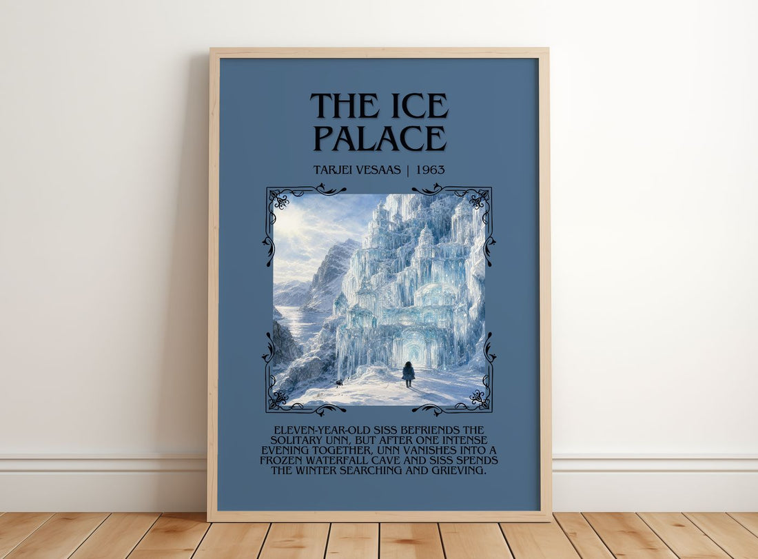The Ice Palace Minimalist Book Poster by Tarjei Vesaas – framed print leaning on a wooden floor