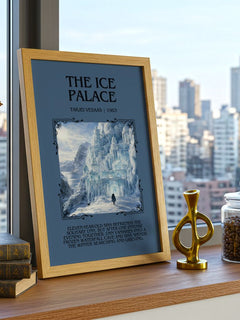 The Ice Palace Minimalist Book Poster by Tarjei Vesaas – framed print on a city-view windowsill