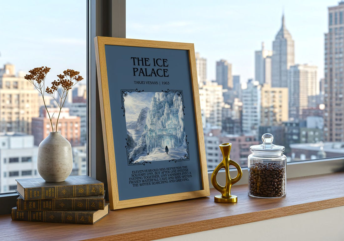 The Ice Palace Minimalist Book Poster by Tarjei Vesaas – framed print on a city-view windowsill