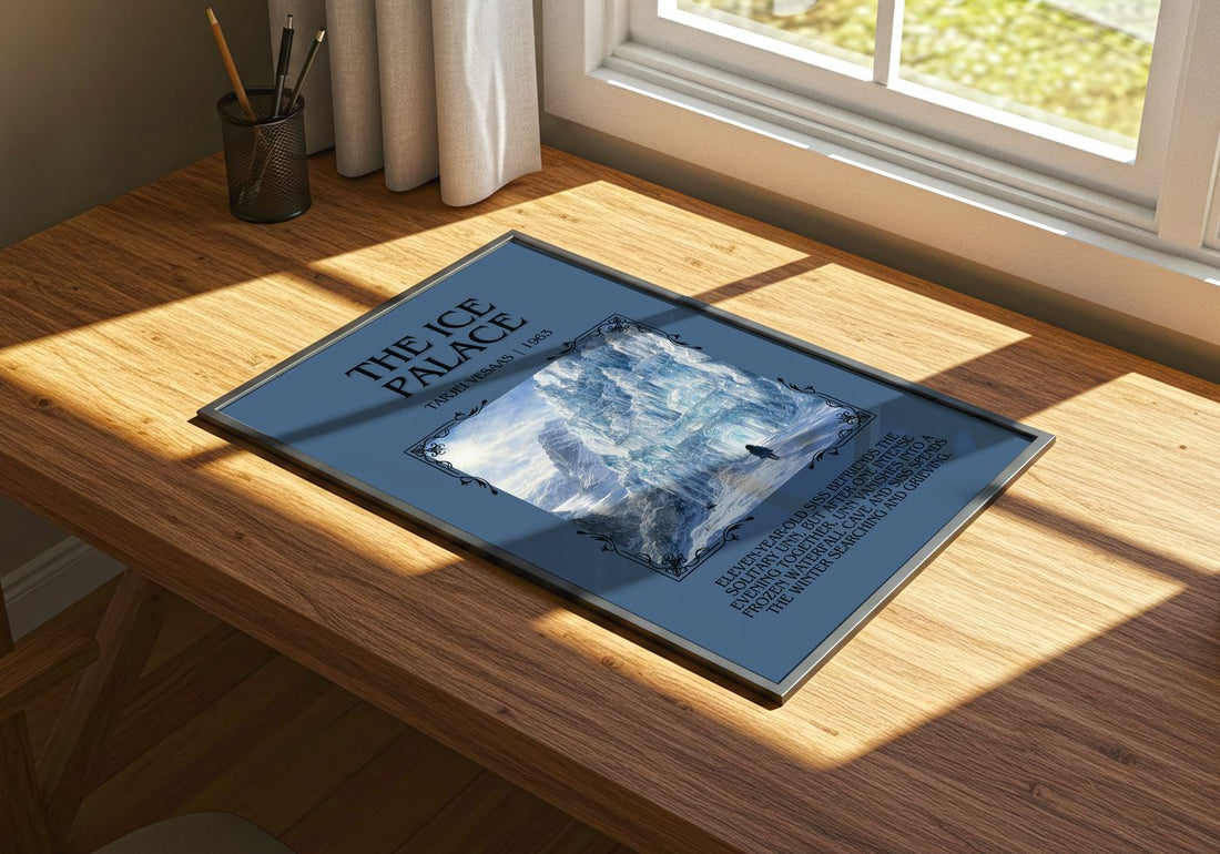 The Ice Palace Minimalist Book Poster by Tarjei Vesaas – print on a sunlit desk