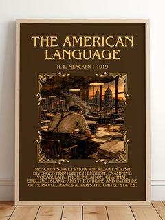 The American Language Minimalist Book Poster by H. L. Mencken – framed print leaning on a wooden floor