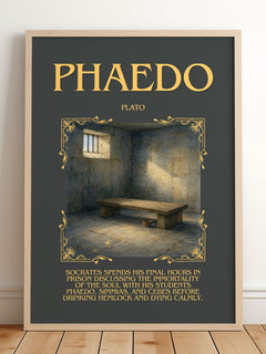 Phaedo Minimalist Book Poster by Plato – framed print leaning on a wooden floor